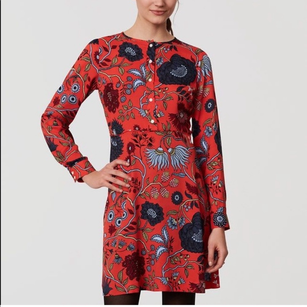 Ann Taylor Loft Primavera Tamale Red Floral Long Sleeve Dress